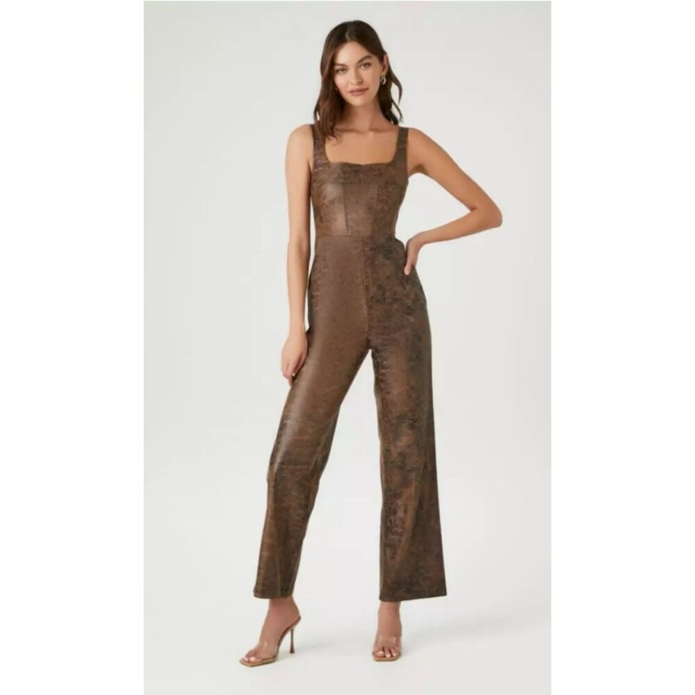 NWT FOREVER 21 Brown Faux Leather Overalls Jumpsuit - Size S